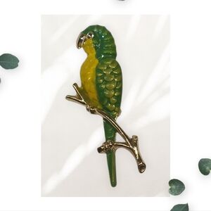 Vintage parrot bird brooch pin green yellow painted enamel gold tone